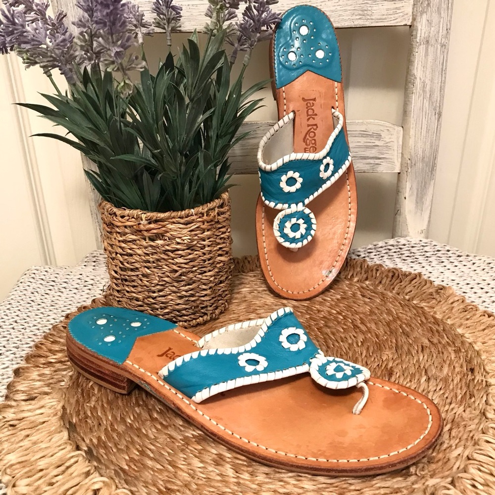 Jack Rogers Leather Palm Beach Sandals Turquoise